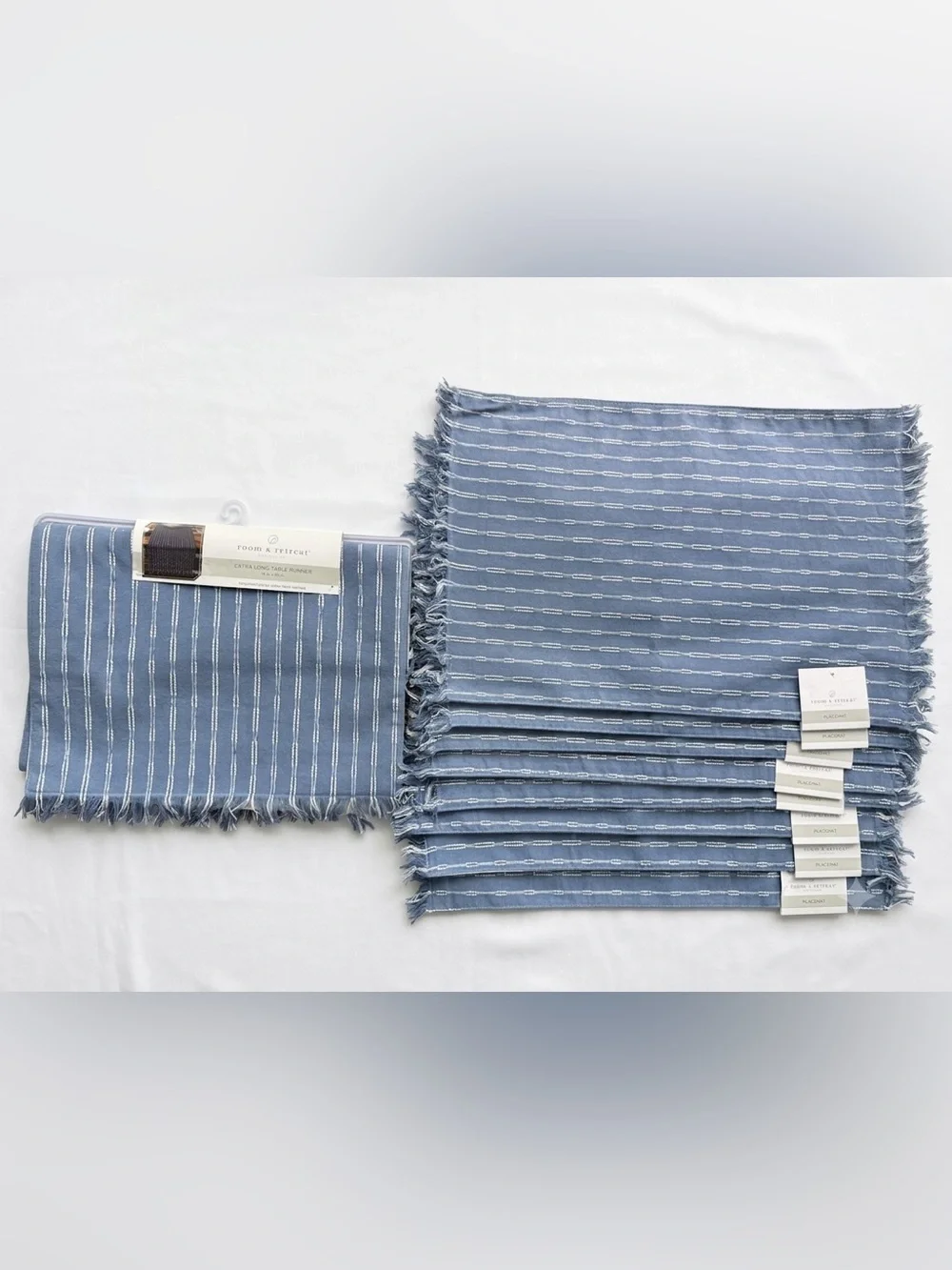 💙 NWT Room & Retreat Blue Fringe Table Set — 8 Placemats + Runner 🏡✨